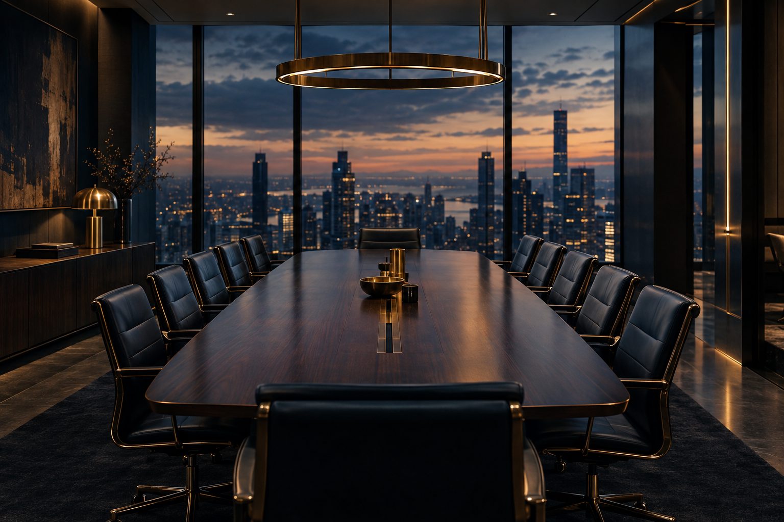 Modern executive boardroom overlooking a city skyline at dusk