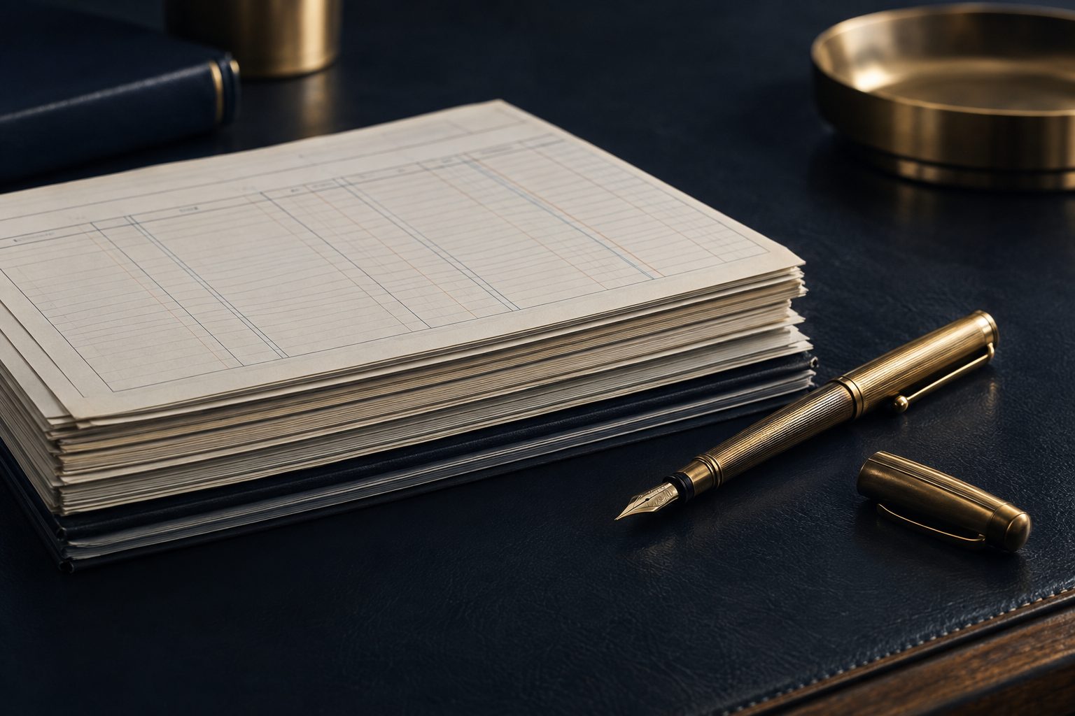 Ledger papers and a brass pen on a dark desk, representing meticulous bookkeeping craft