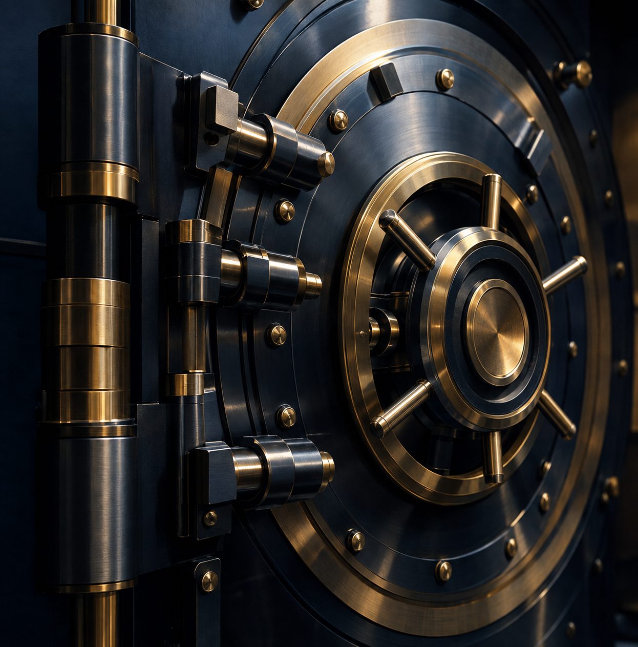 Close-up of a precision bank vault door mechanism representing security and control